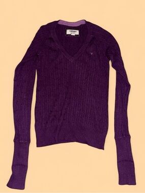 2000s American Eagle Outfitters Deep Purple V-Neck Cable Knit Sweater